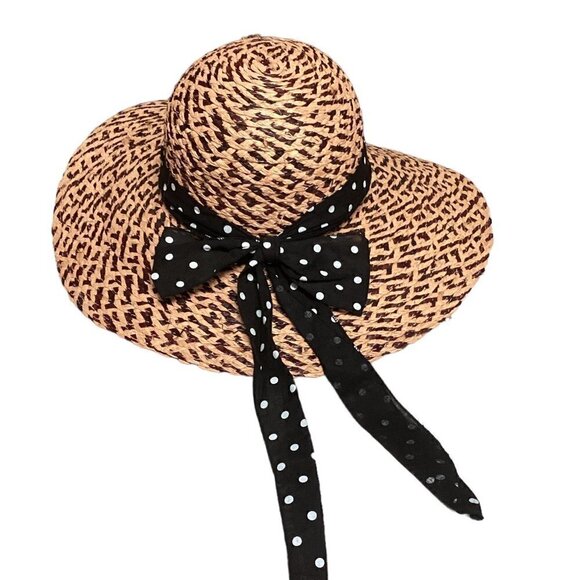 BOHO Wide Brim Sun Hat Straw w/ Black & White Polka Dot Hat Band 190D - Picture 1 of 7